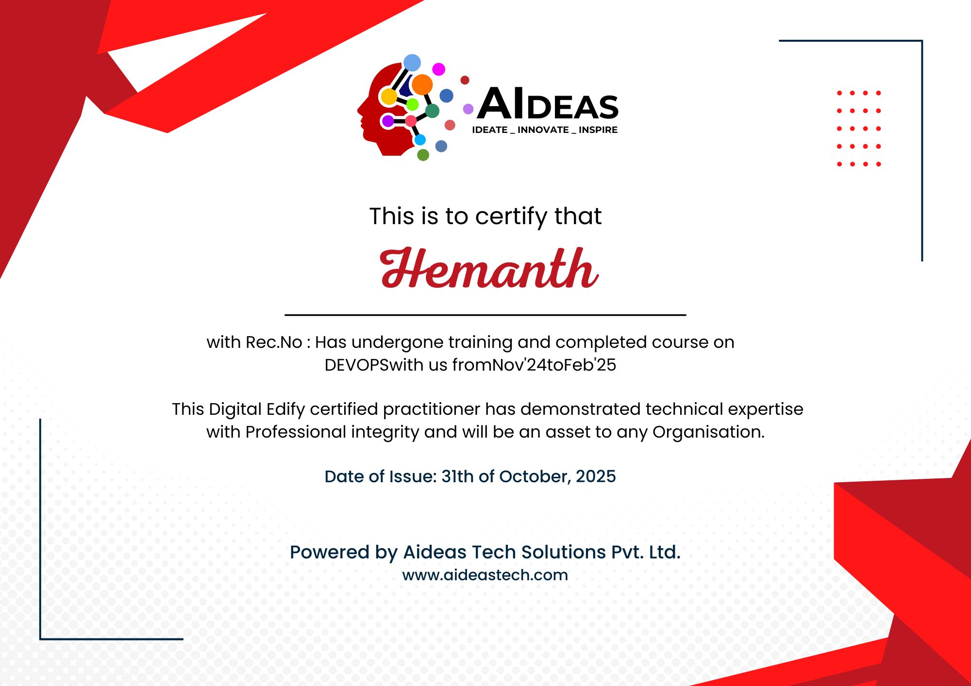 Aideas Academy Certificate